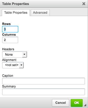 Screenshot of the Table Properties dialog box's Table Properties tab